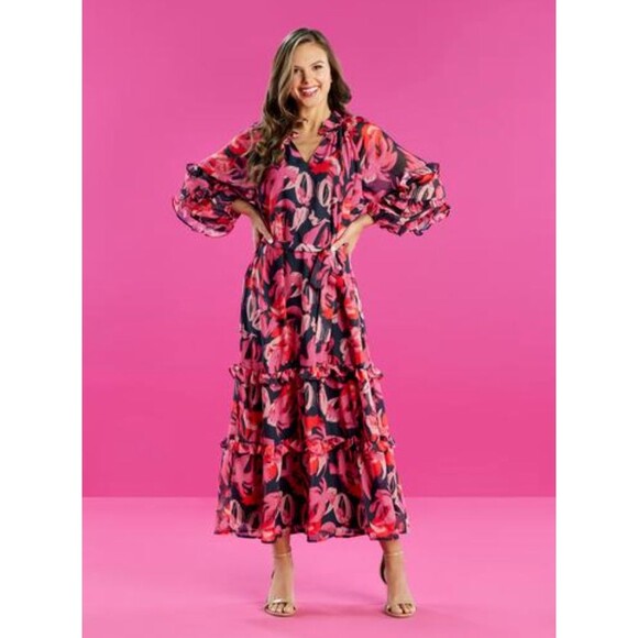 NWT Mudpie Portia Pink Dress Sz S Floral Ruffles Maxi Romantic Boho Party Event - Picture 3 of 16
